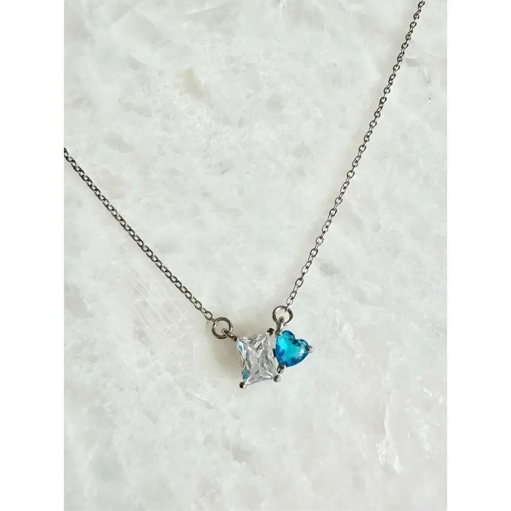 Blue heart and elongated cubic zirconia necklace